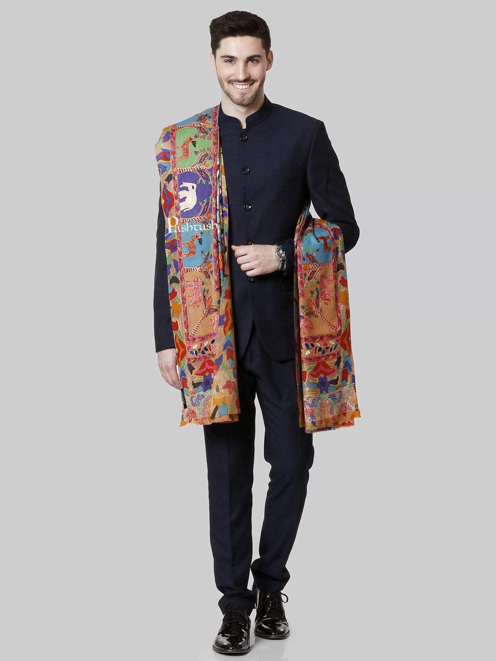 Pashtush India 114x228 Pashtush Mens Shikaar-dar Hand Embroidered, Shawl in fine wool