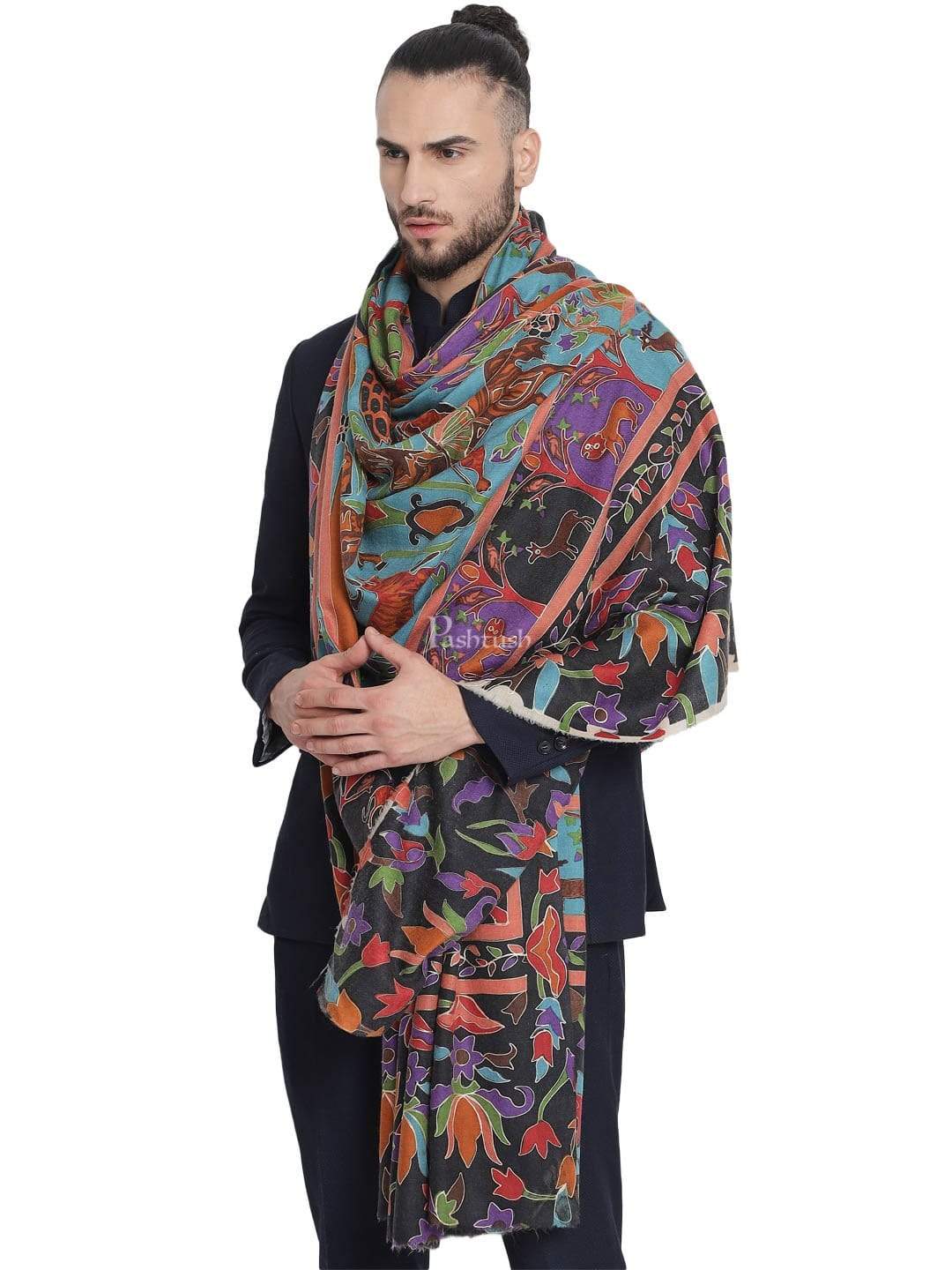 Pashtush India 114x228 Pashtush Mens Shikaar-Dar Hand Embroidered, Shawl In Fine Wool