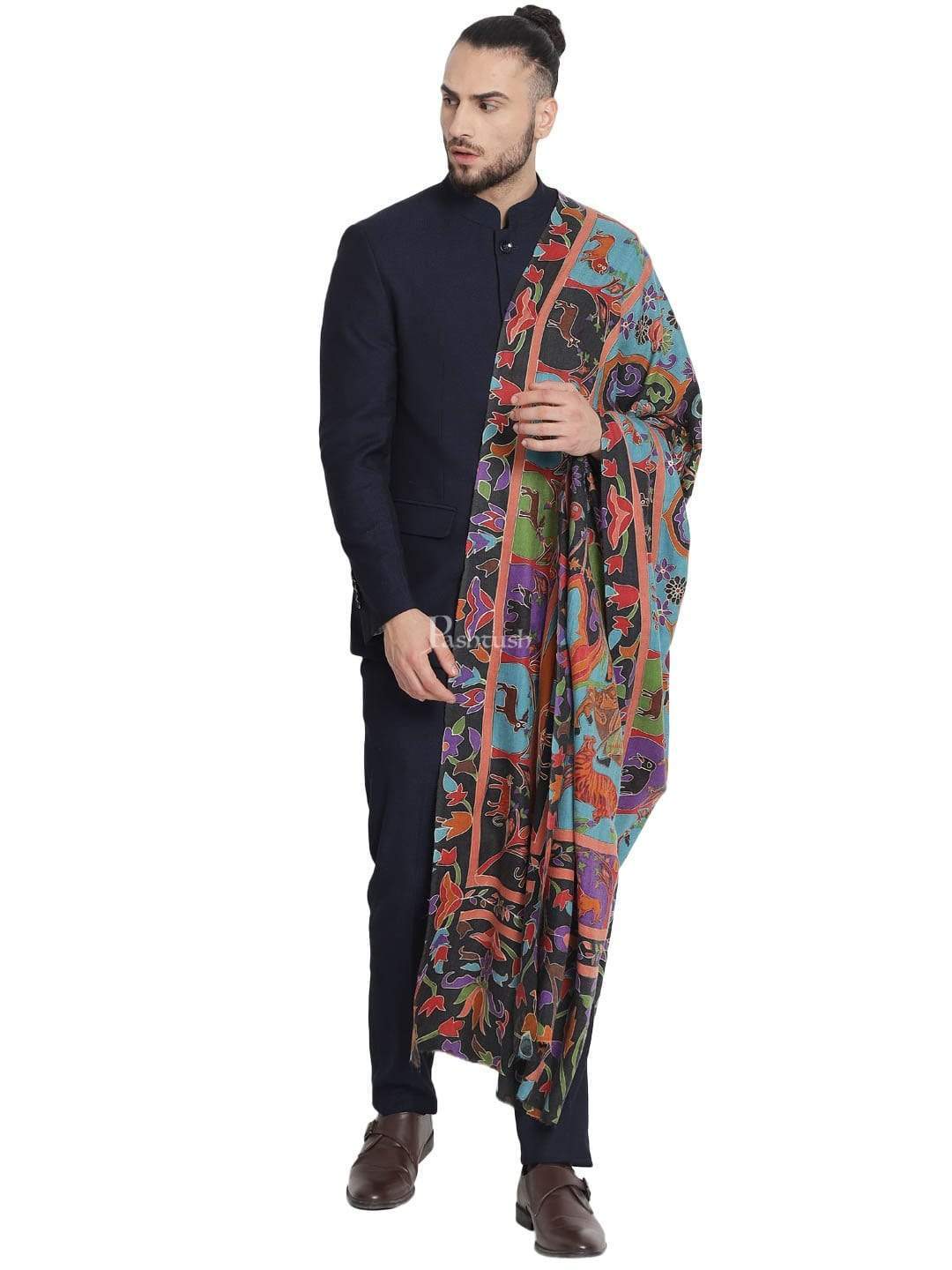 Pashtush India 114x228 Pashtush Mens Shikaar-Dar Hand Embroidered, Shawl In Fine Wool