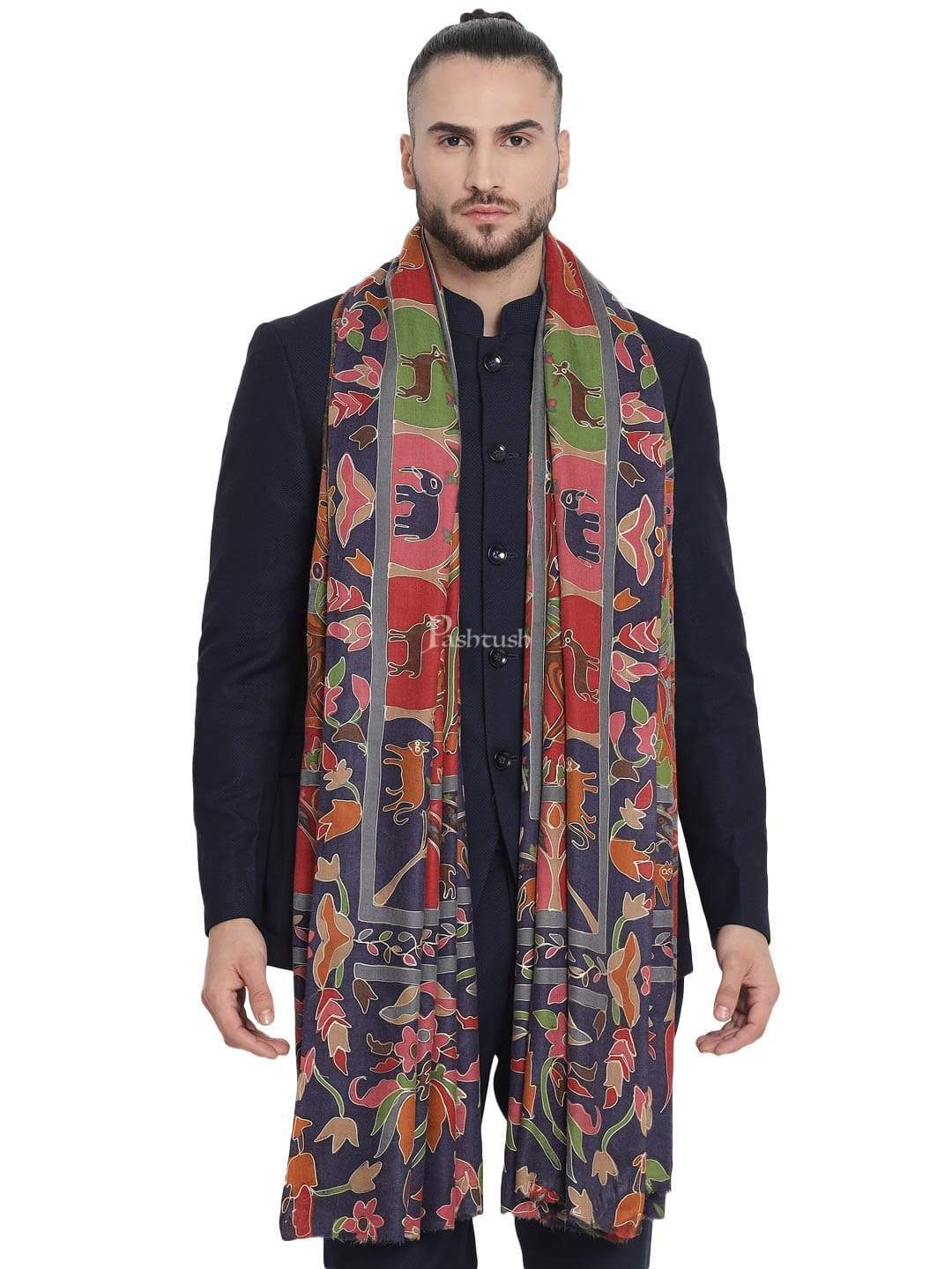 Pashtush India 114x228 Pashtush Mens Shikaar-Dar Hand Embroidered, Shawl In Fine Wool