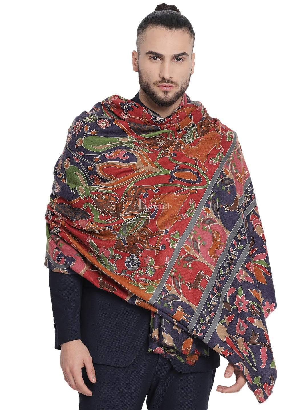 Pashtush India 114x228 Pashtush Mens Shikaar-Dar Hand Embroidered, Shawl In Fine Wool