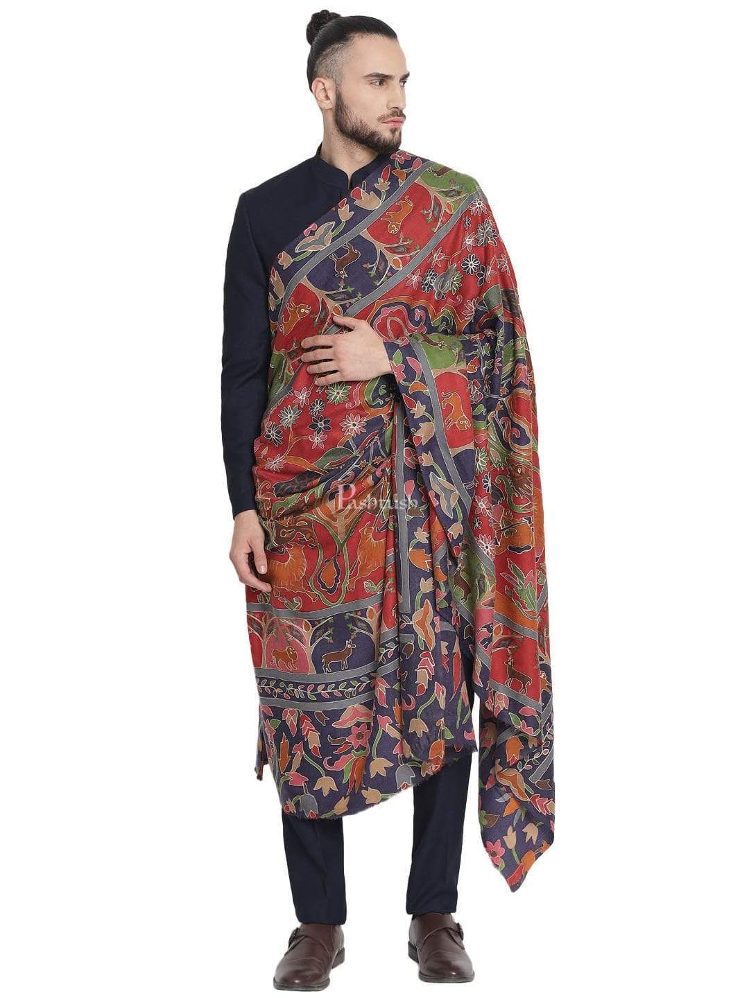 Pashtush India 114x228 Pashtush Mens Shikaar-Dar Hand Embroidered, Shawl In Fine Wool