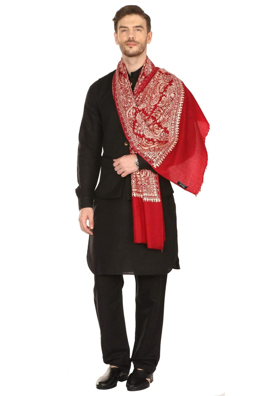 Pashtush Mens Silk-Fine Wool Fine Wool, Nalki Embroidery Needlework Stole