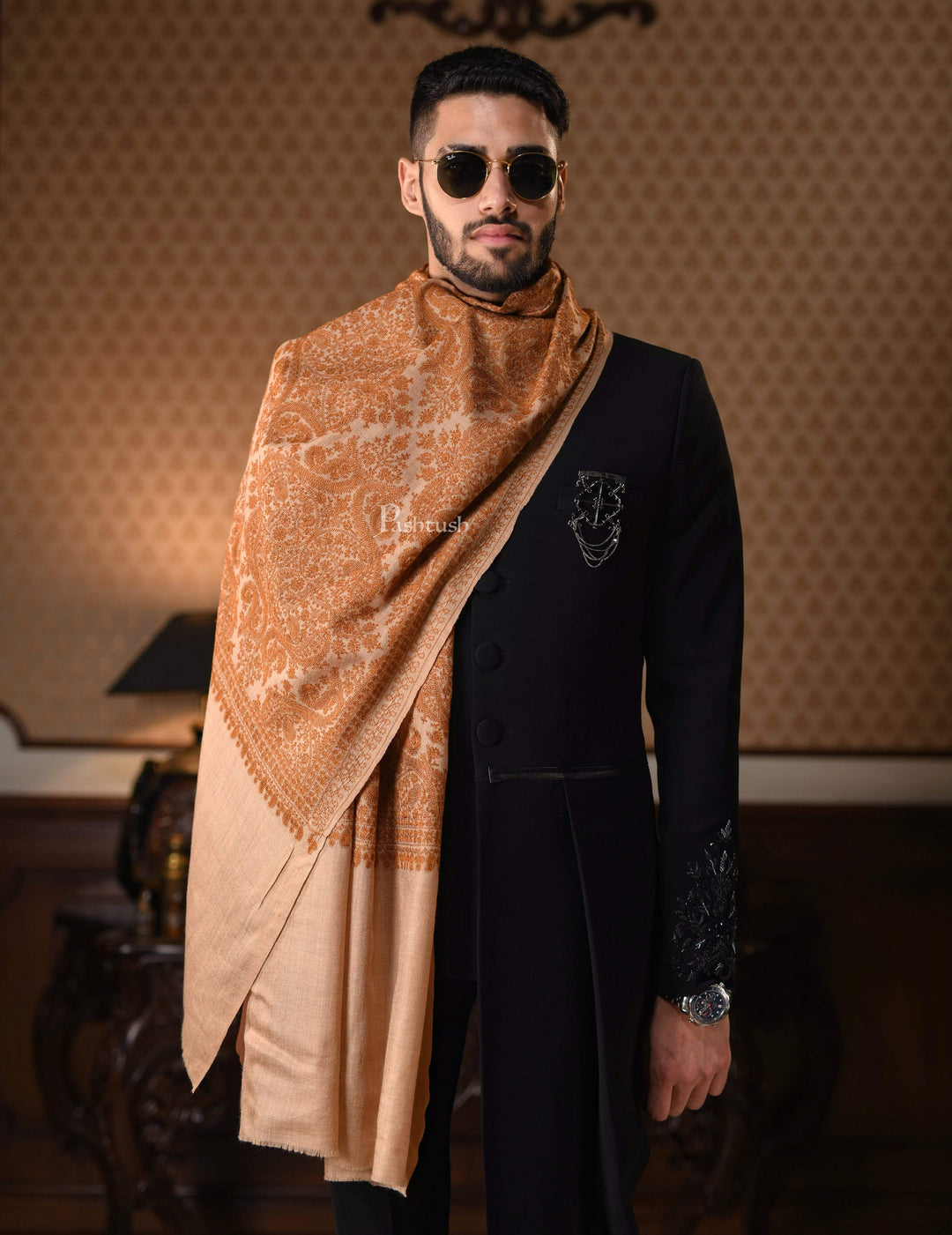 Pashtush India 70x200 Pashtush Mens Silk-Pashmina Fine Wool, Nalki Embroidery Needlework Stole