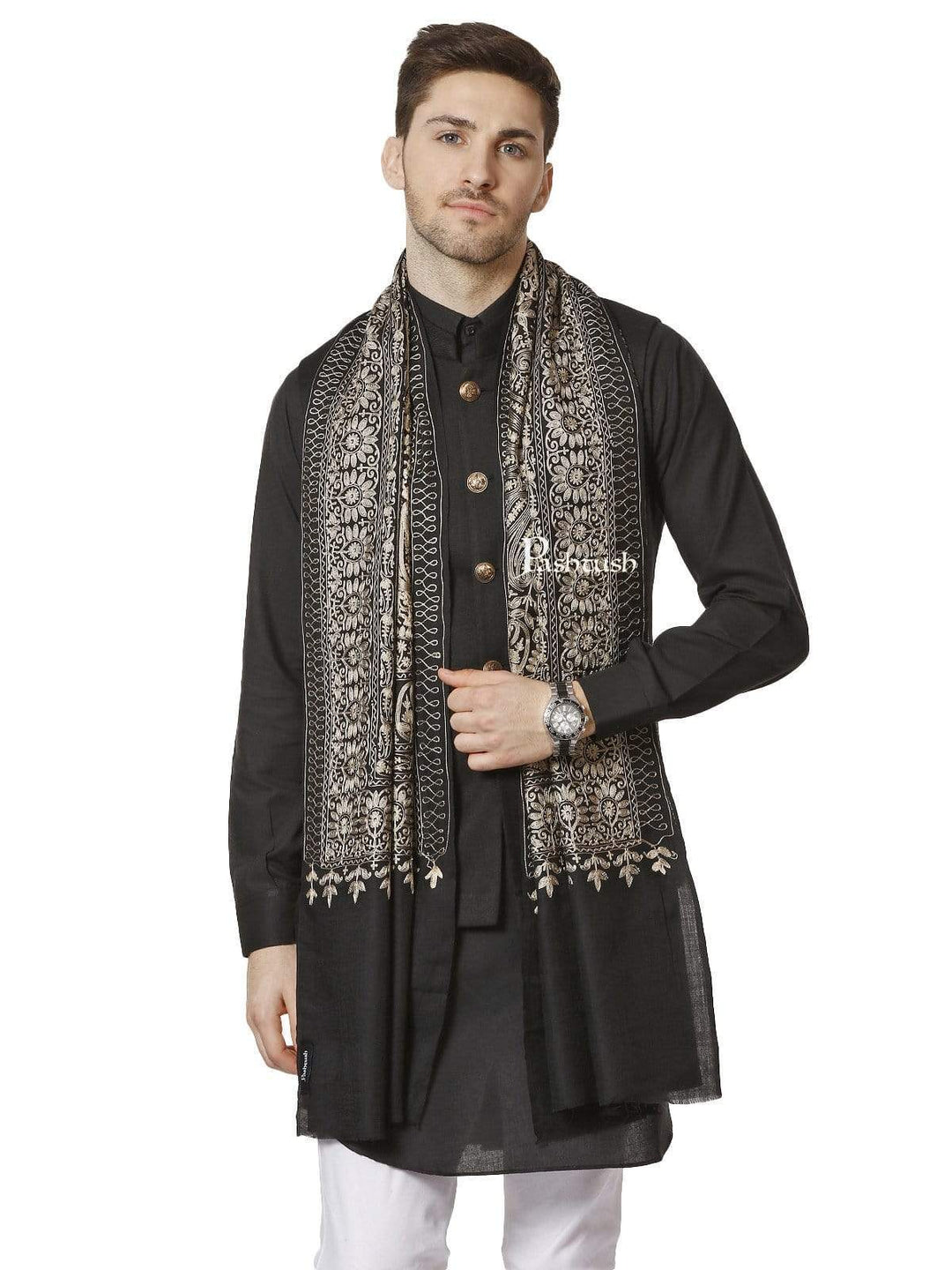 Pashtush India 70x200 PASHTUSH MENS SILK-Wool FINE WOOL, NALKI EMBROIDERY NEEDLEWORK STOLE