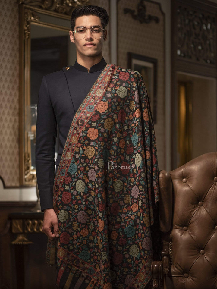 Pashtush India 70x200 Pashtush Mens Soft Wool, Kaani Weave Stole, Gulaab-dar, Black