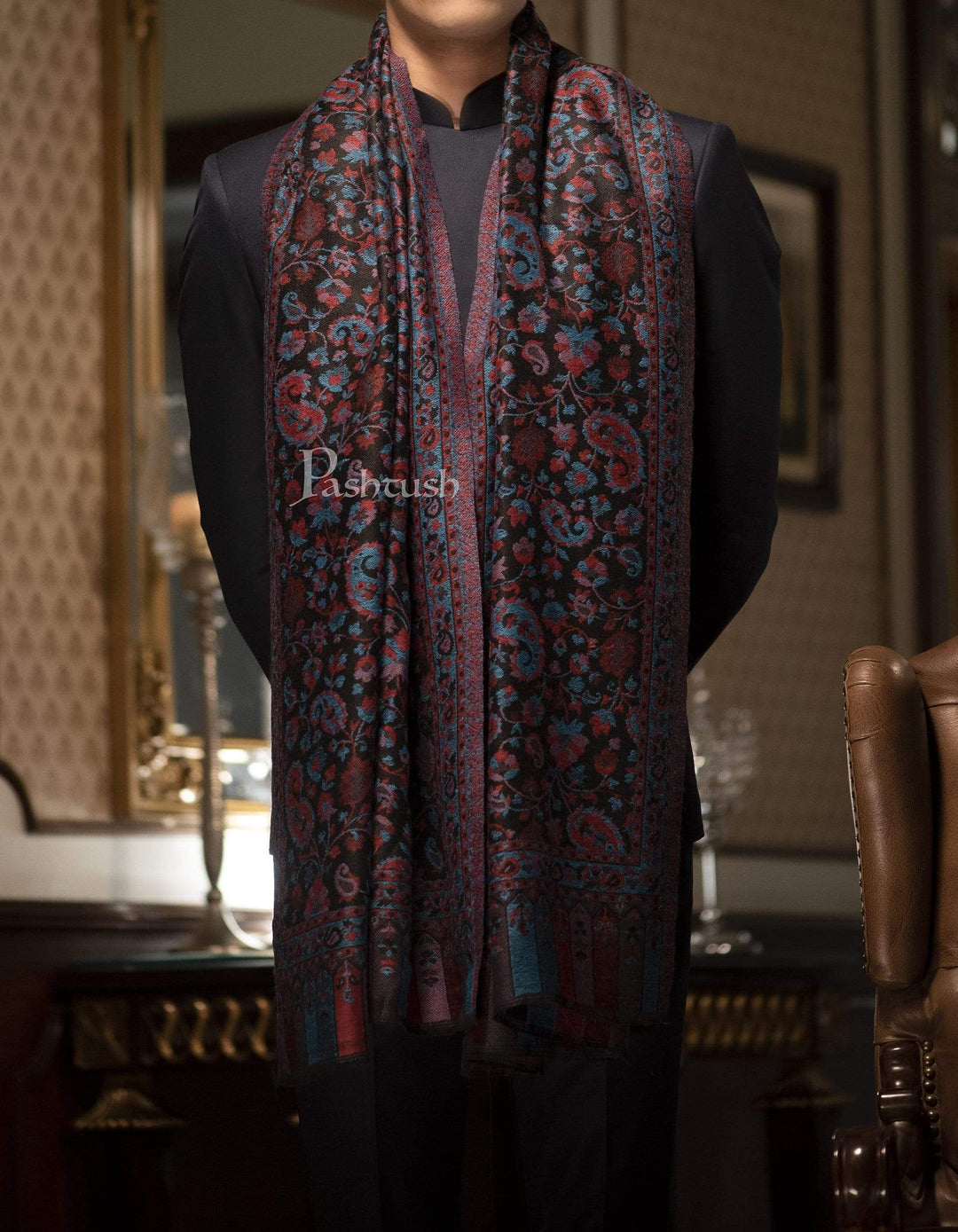 Pashtush India 70x200 Pashtush Mens Soft Wool, Reversible Stole, Scarf, Kaani Weave, Black