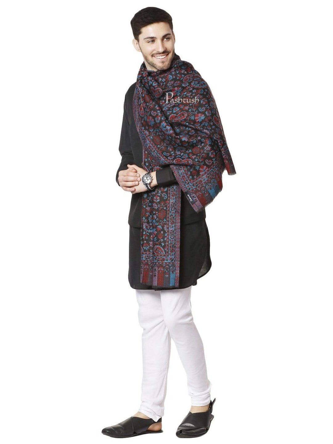 Pashtush India 70x200 Pashtush Mens Soft Wool, Reversible Stole, Scarf, Kaani Weave, Black