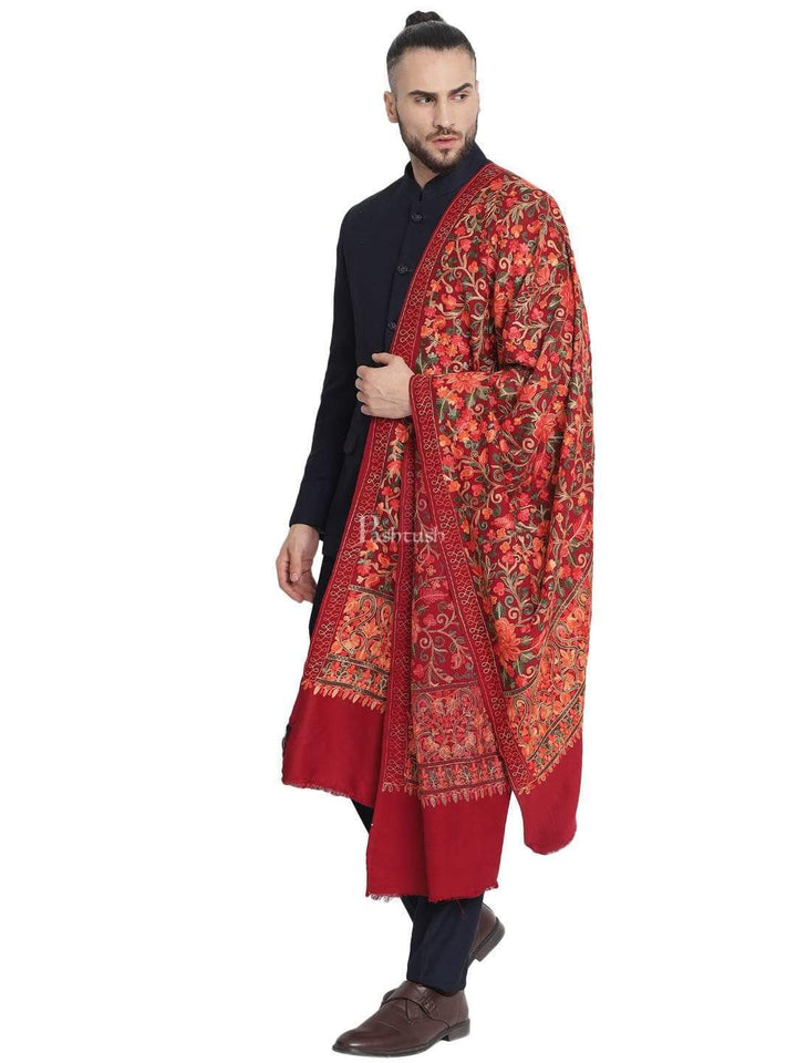 Pashtush India 100x200 Pashtush Mens Stole, Aari Embroidery, Maroon