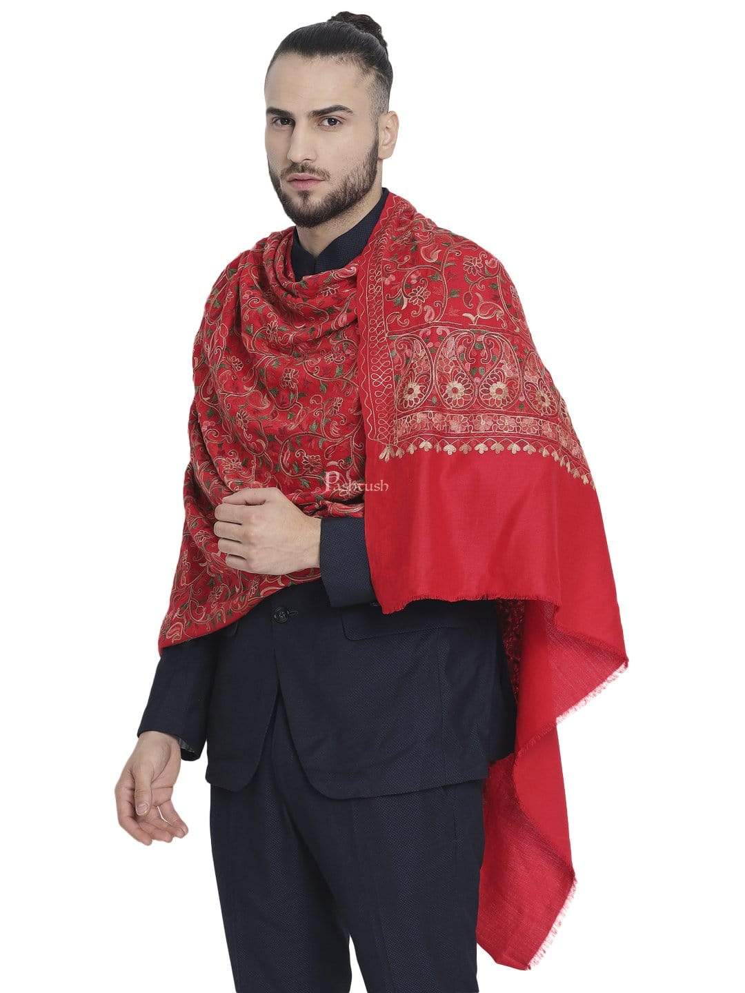 Pashtush India 100x200 Pashtush Mens Stole, Aari Embroidery, Red