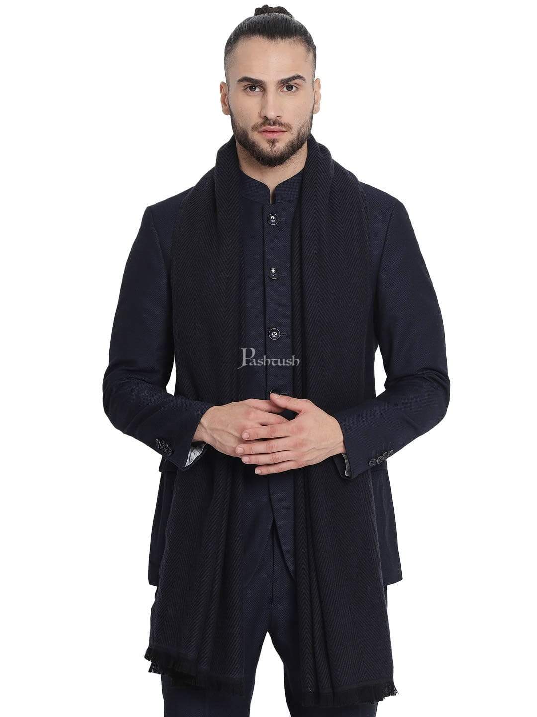Pashtush India 100x200 Pashtush Mens Stole, Fine wool with paisley jacquard weave, Rich Black