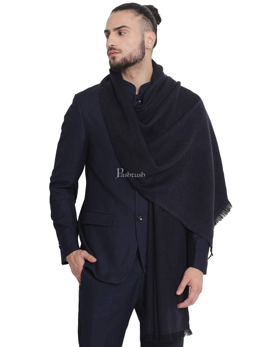 Pashtush India 100x200 Pashtush Mens Stole, Fine wool with paisley jacquard weave, Rich Black
