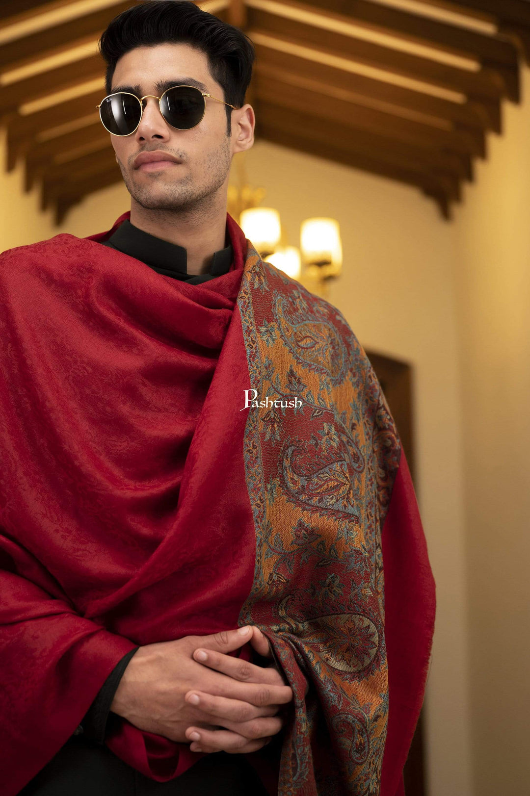 Pashtush Shawl Store Stole Pashtush Mens Stole, Soft Wool with Ambi Weave Palla, Maroon