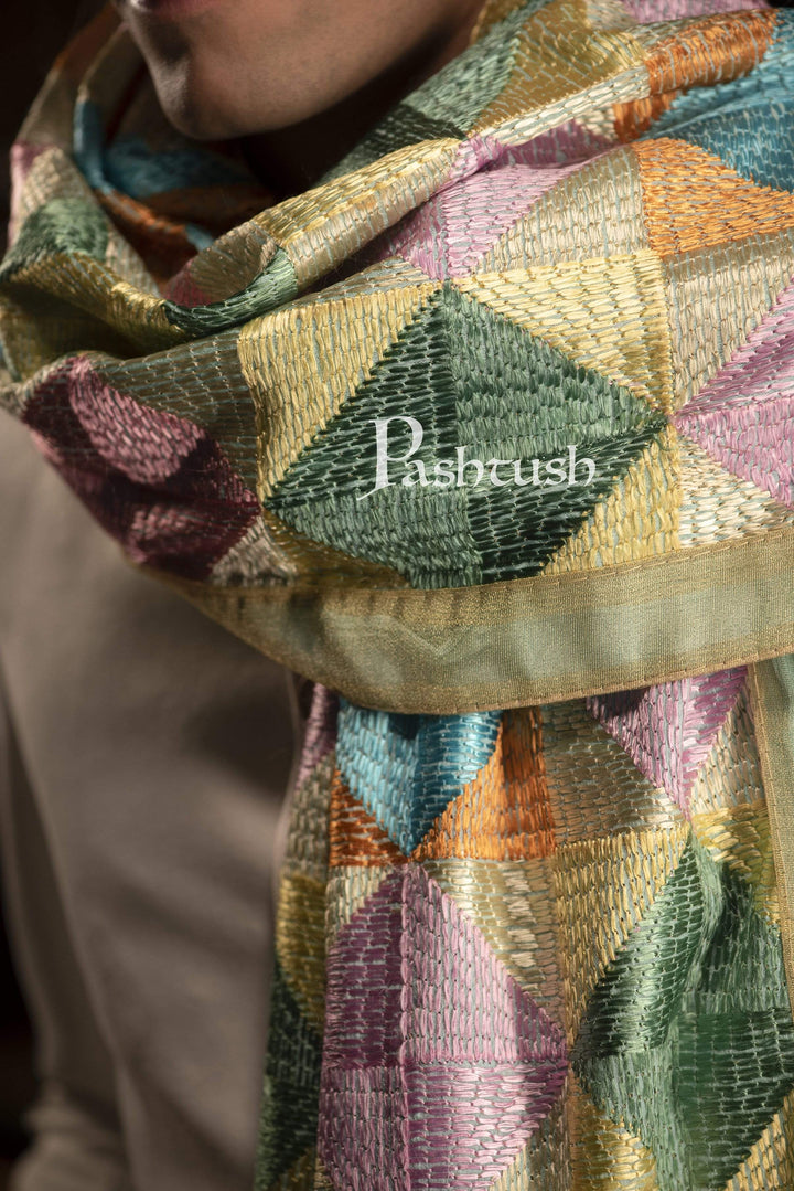 Pashtush India 114x228 Pashtush Mens Stole with Multicoloured Embroidery, Phulkari