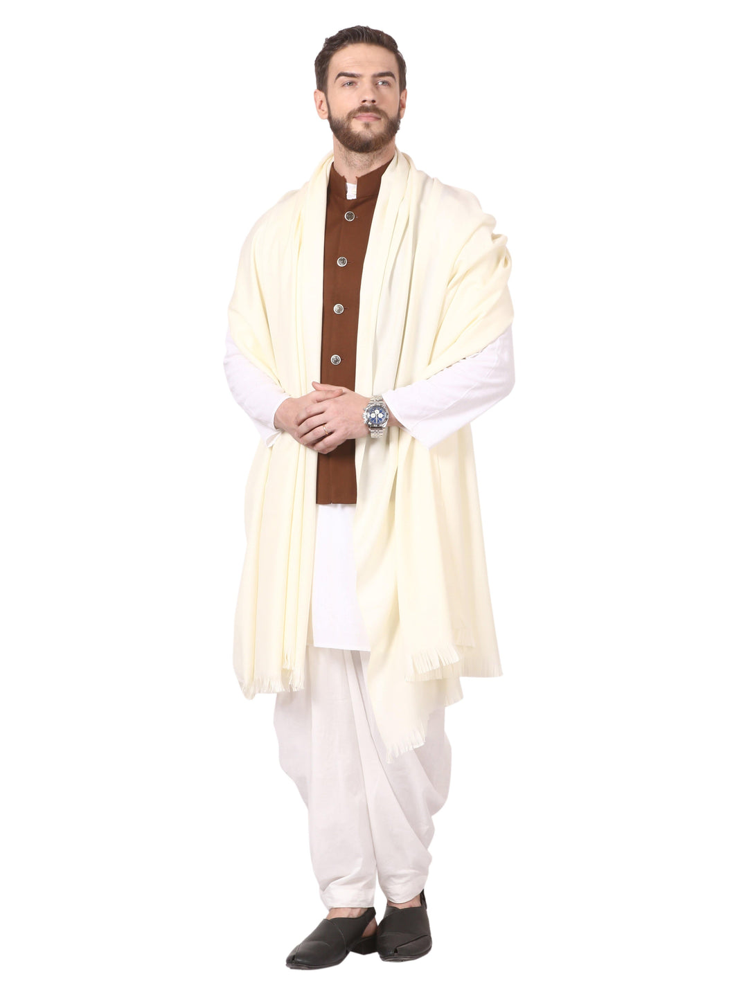 Pashtush Mens Thick Blended Wool Lohi, Mens Shawl With 50% Wool, Cream
