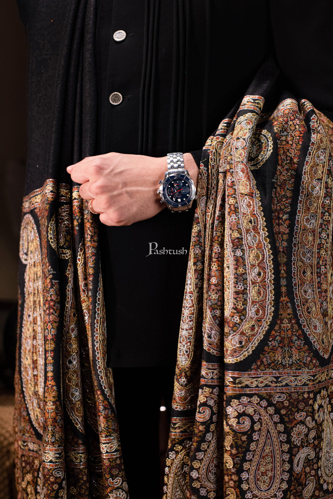 Pashtush India Mens Shawls Gents Shawl Pashtush Mens Tilla Hand Embroidered Ethnic palla Shawl, Full Size, Extra Fine Count Wool, Black