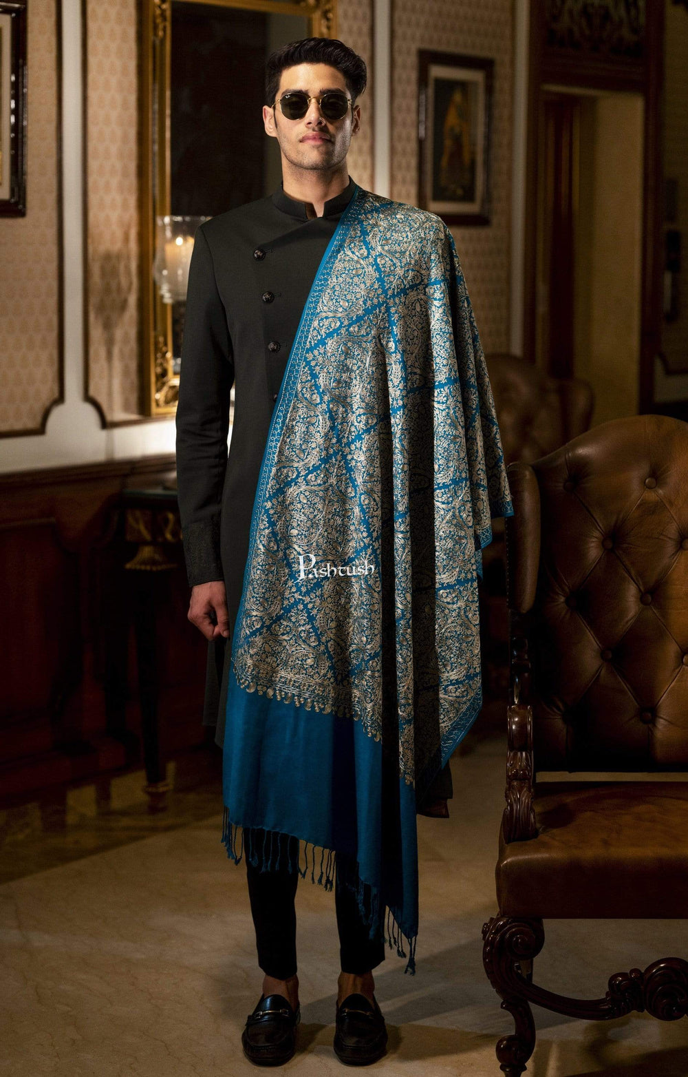 Pashtush India 70x200 Pashtush Mens Woollen, Silky Embroidery Stole, Royal Blue
