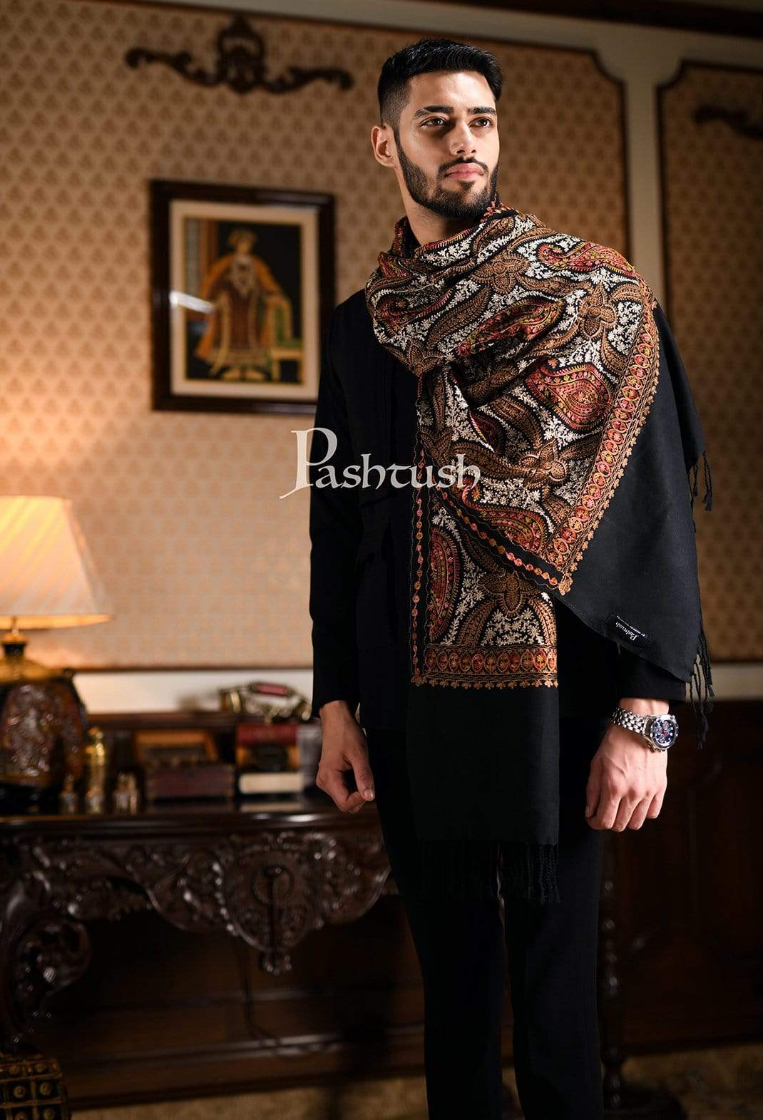 Pashtush India 70x200 Pashtush Mens Woollen Stole with Nalki Embroidery, Black