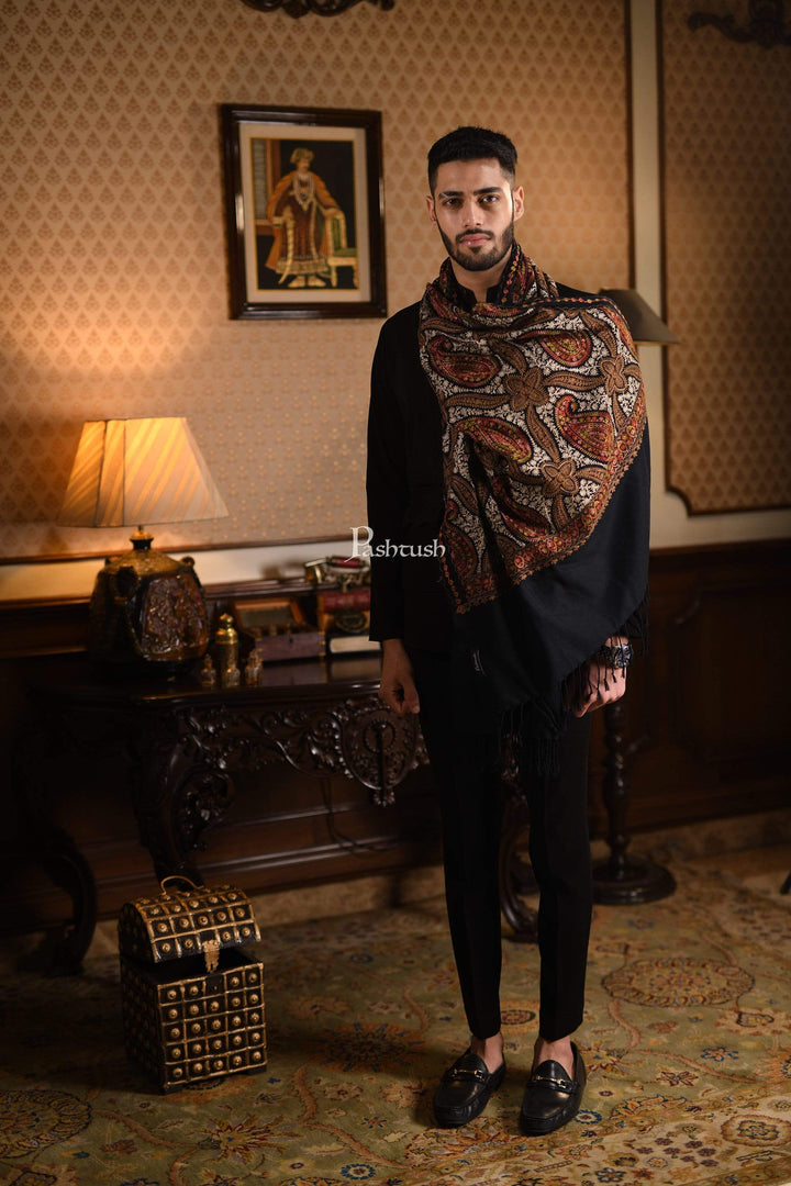 Pashtush India 70x200 Pashtush Mens Woollen Stole with Nalki Embroidery, Black