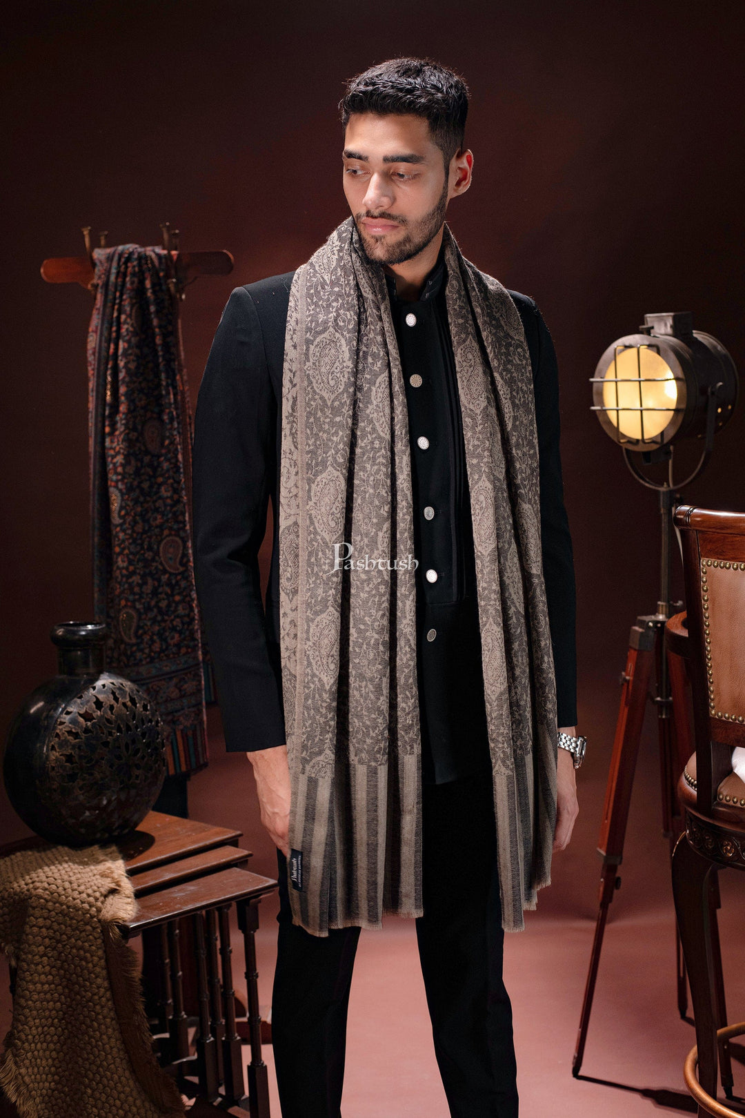 Pashtush India Mens Scarves Stoles and Mufflers Pashtush Mens Woven Extra Fine Wool Cashmere Handfeel Shawl, Black