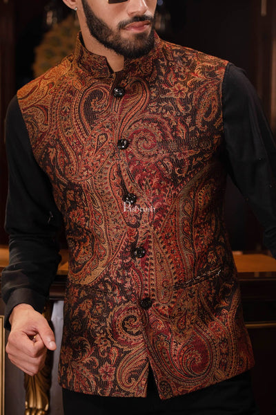 Pashtush India Coats & Jackets Pashtush Mens Woven Jacquard Structured Waistcoat, Slim Fit
