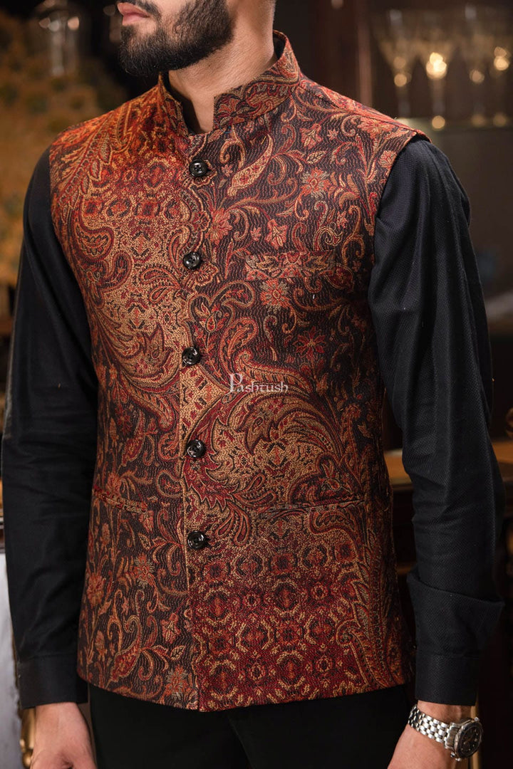 Pashtush India Coats & Jackets Pashtush Mens Woven Jacquard Structured Waistcoat, Slim Fit, Dark brown