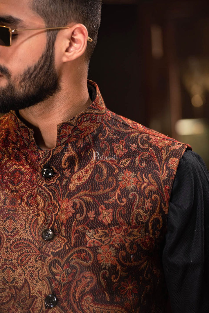 Pashtush India Coats & Jackets Pashtush Mens Woven Jacquard Structured Waistcoat, Slim Fit, Dark brown