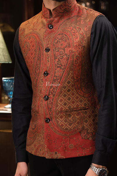 Pashtush India Coats & Jackets PASHTUSH MENS WOVEN JACQUARD WAISTCOAT, Structured SLIM FIT, Brown