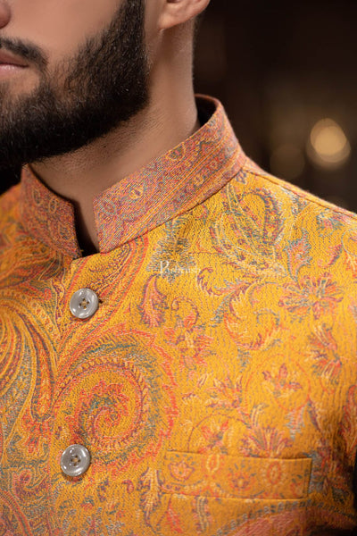 Pashtush India Coats & Jackets PASHTUSH MENS WOVEN JACQUARD WAISTCOAT, Structured SLIM FIT, Mustard
