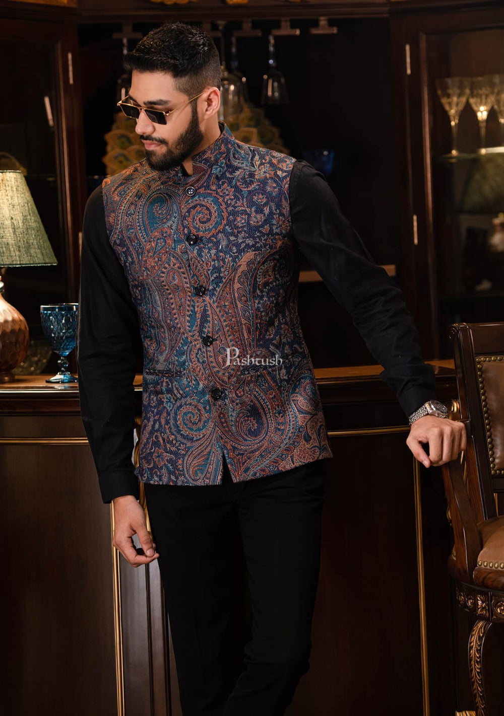 Pashtush India Coats & Jackets PASHTUSH MENS WOVEN JACQUARD WAISTCOAT, Structured SLIM FIT, Navy Blue