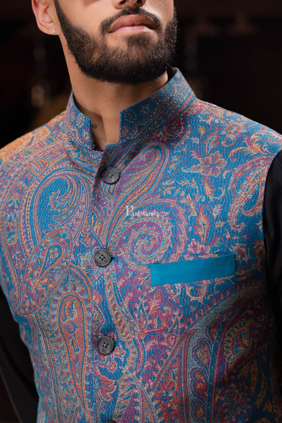 Pashtush India Coats & Jackets PASHTUSH MENS WOVEN JACQUARD WAISTCOAT, Structured SLIM FIT, Saphire blue