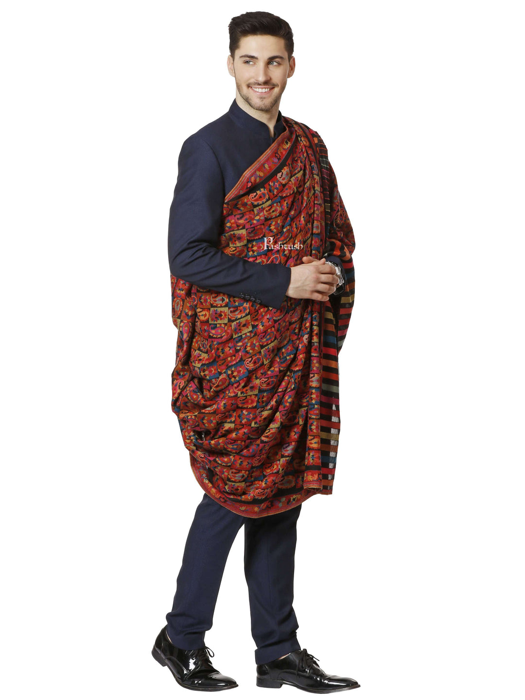 Pashtush India 127x254 Pashtush Mens Woven Kaani Shawl, Mens Lohi , Full Size, Fine Soft Wool