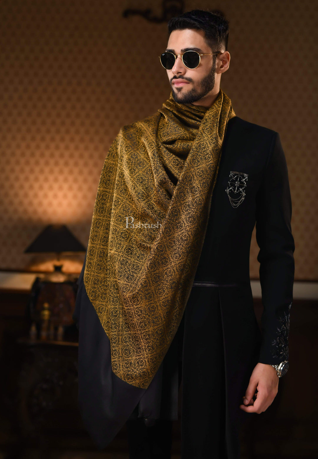 Pashtush India 100x200 Pashtush Mens Woven Paisley, Self Shawl, In Extra Soft Fine Wool, Large Wrap Size