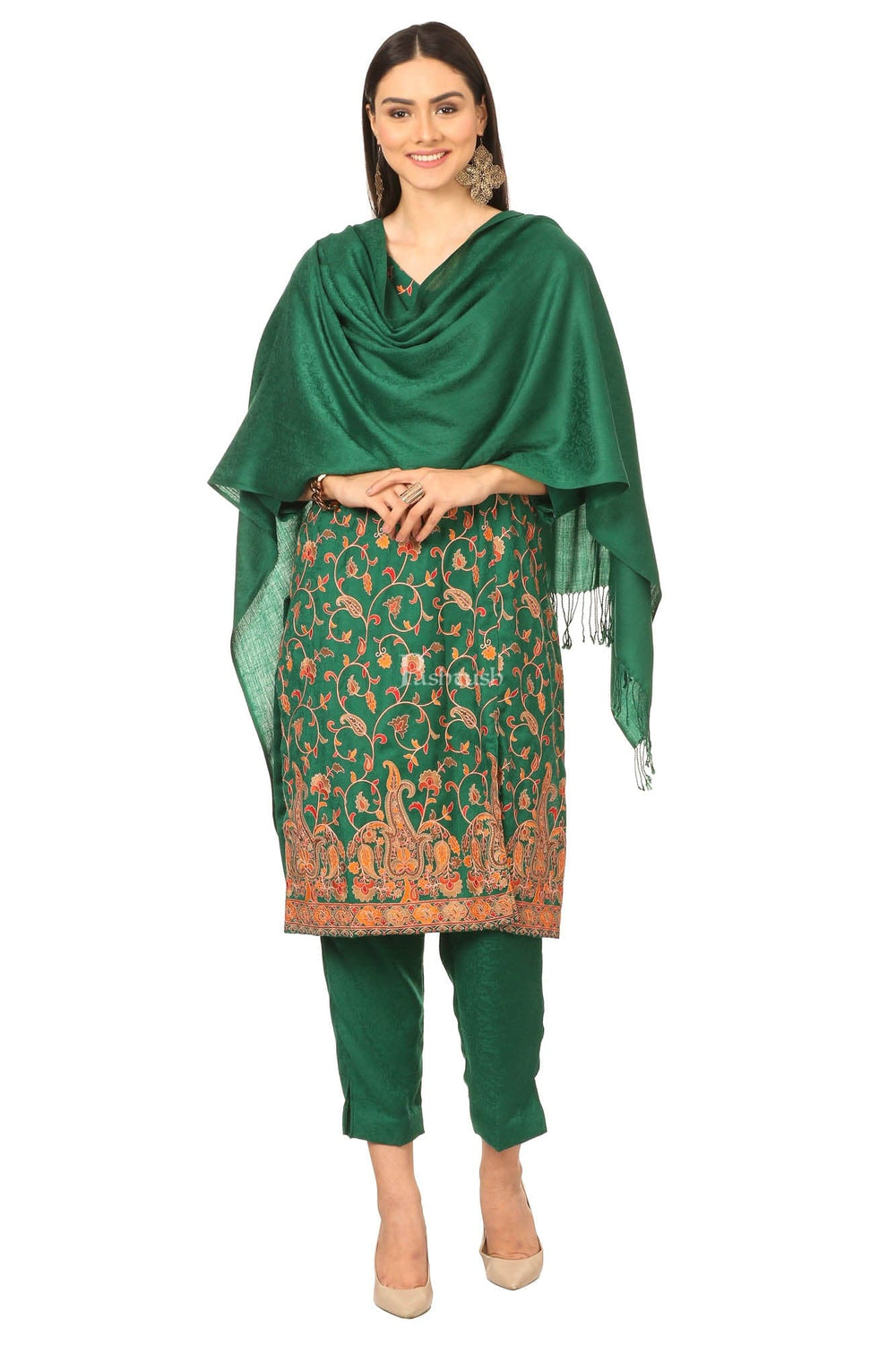 Pashtush India Womens Stoles and Scarves Scarf Pashtush Papier Mache Embroidery Suit, Fine Wool, Green