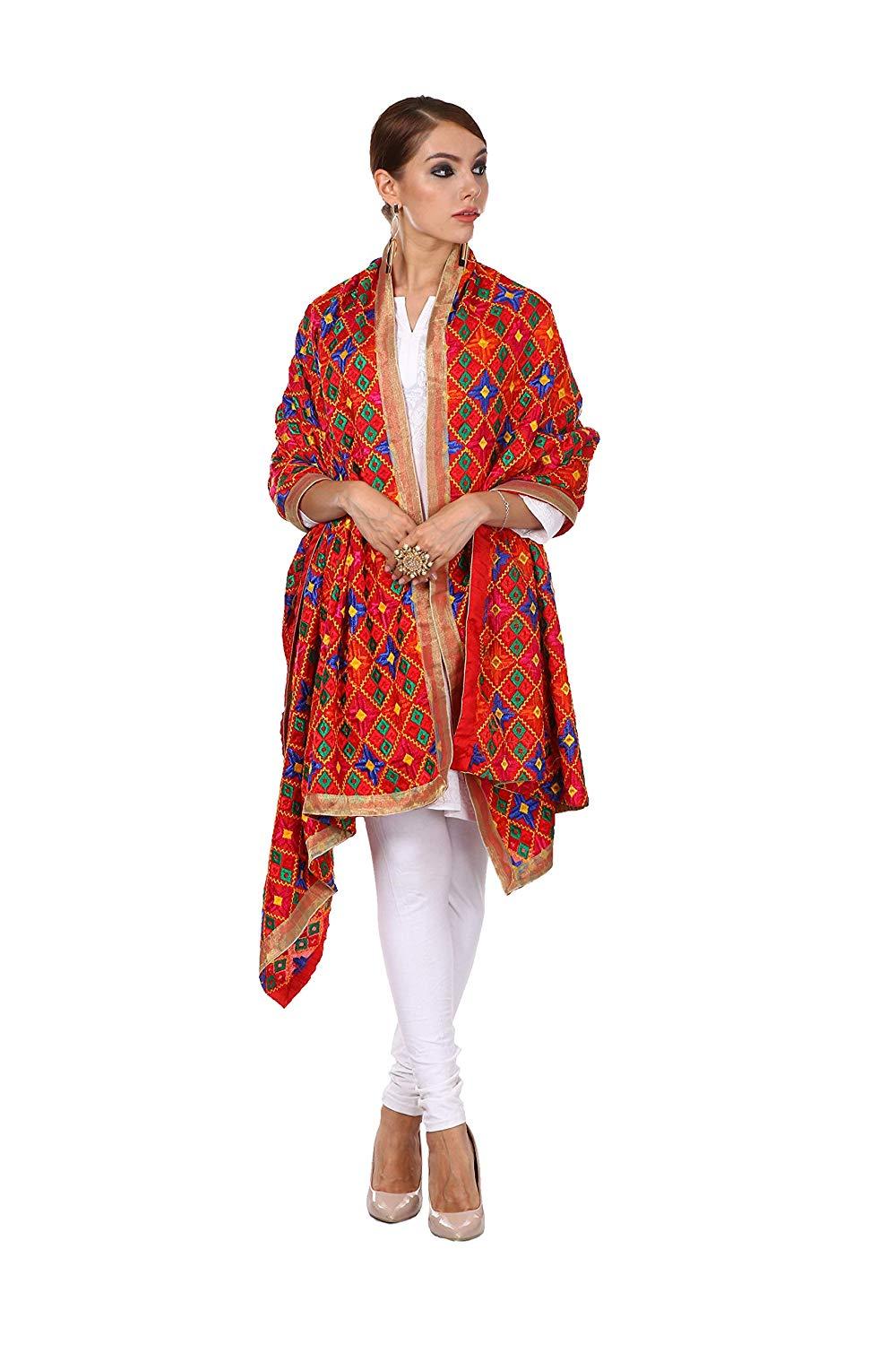 Pashtush Phulkari Dupatta, Punjabi Silken Thread Embroidery For Women