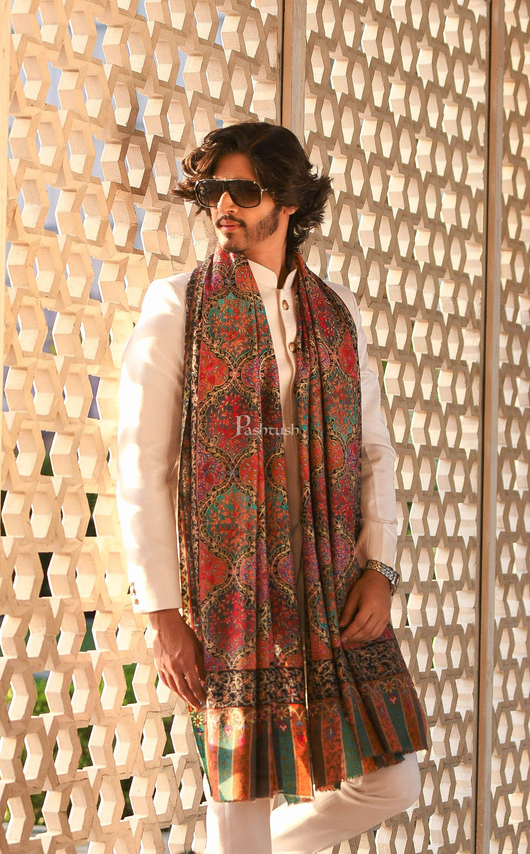 Pashtush India Mens Shawls Gents Shawl Pashtush Pure Wool, Woolmark Certified, Mens Embroidery Kalamkari Shawl, Multicoloured