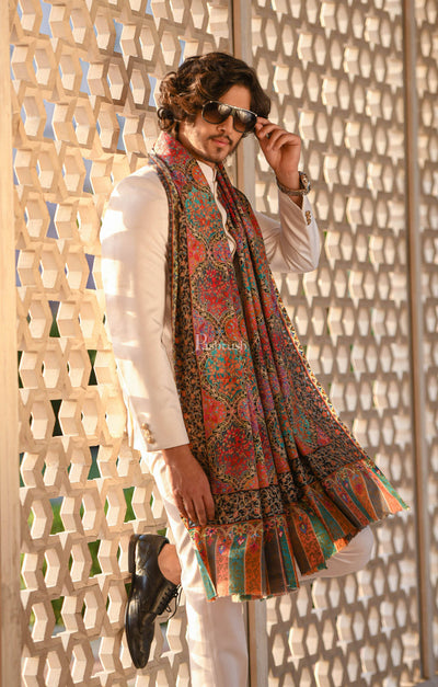 Pashtush India Mens Shawls Gents Shawl Pashtush Pure Wool, Woolmark Certified, Mens Embroidery Kalamkari Shawl, Multicoloured