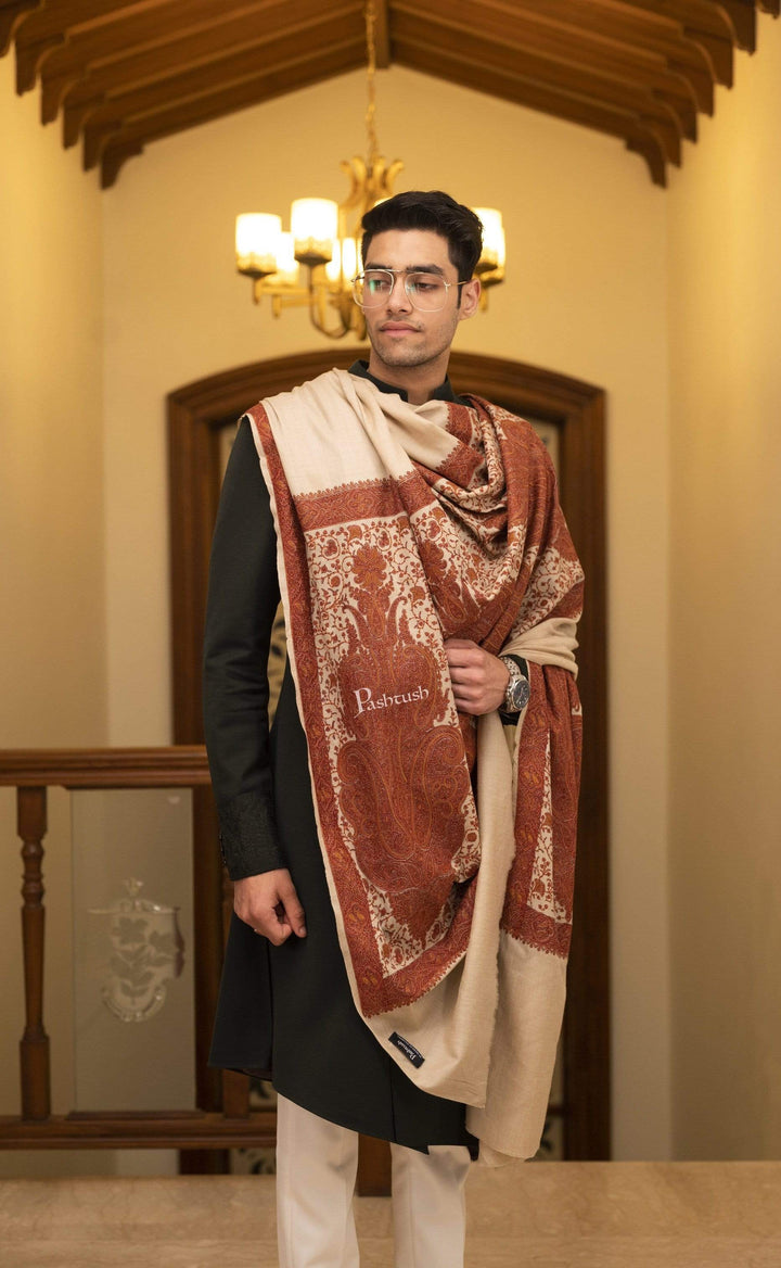 Pashtush India 127x254 Pashtush Super Fine Kashmiri Embroidery Pure Wool, Ring Shawl, full size - Taupe