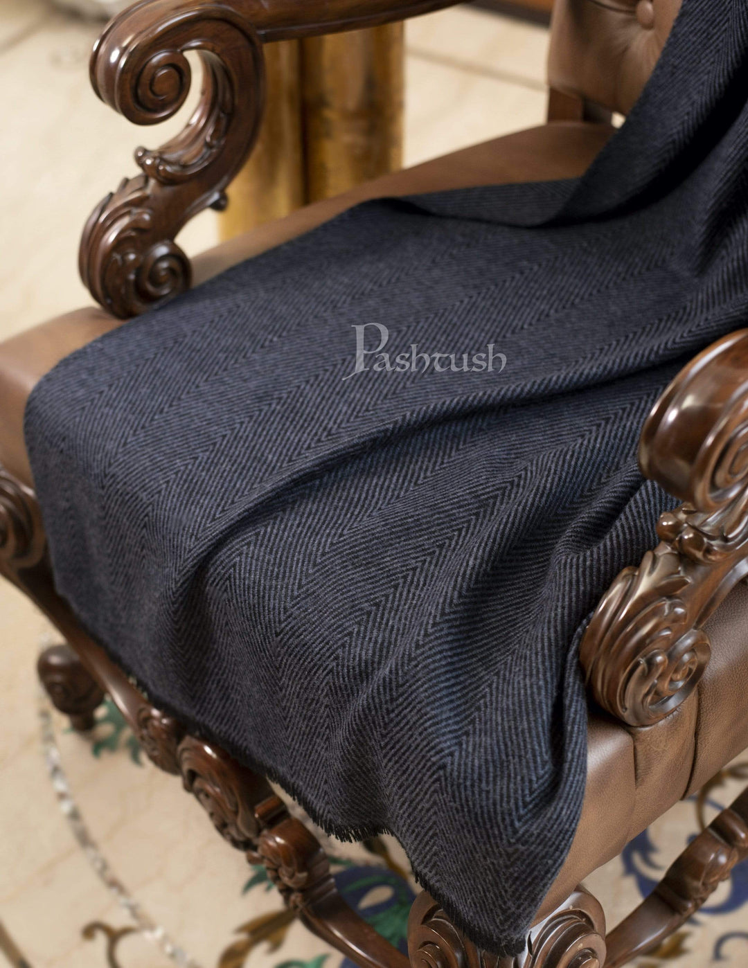 Pashtush India 70x200 Pashtush Thick and Warm Woollen Stole, Charcoal Black