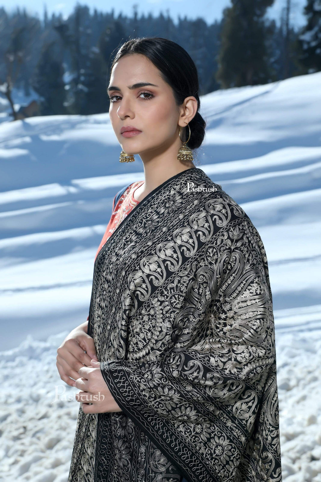 Pashtush India 70x200 Pashtush Tres Chic Regal Collection, Soft Wool Embroidery Nalki Shawl Scarf, Black