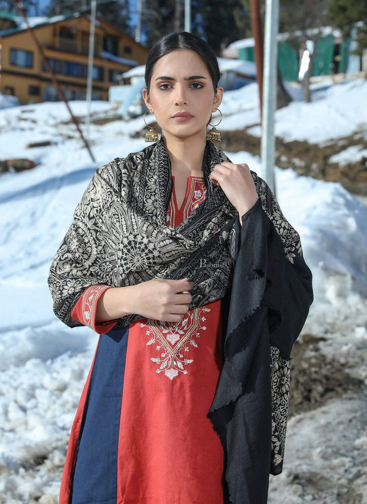 Pashtush India 70x200 Pashtush Tres Chic Regal Collection, Soft Wool Embroidery Nalki Shawl Scarf, Black