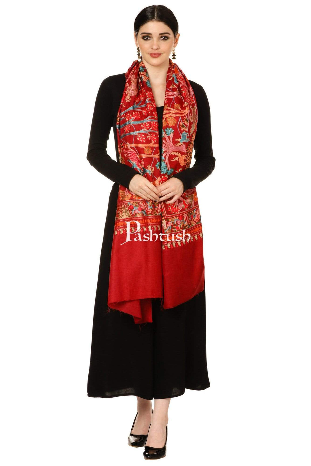 Pashtush India 70x200 Pashtush Tres Chic Regal Collection, Wool Embroidery Nalki Shawl Scarf, Crimson