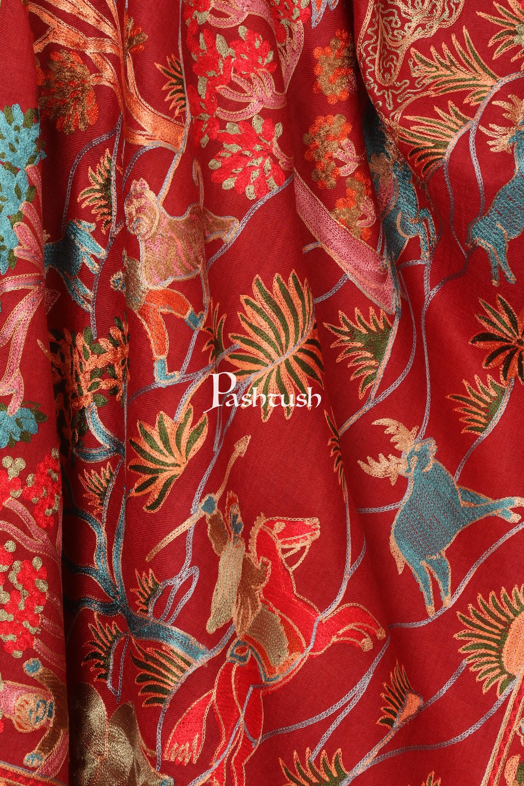 Pashtush India 70x200 Pashtush Tres Chic Regal Collection, Wool Embroidery Nalki Shawl Scarf, Crimson