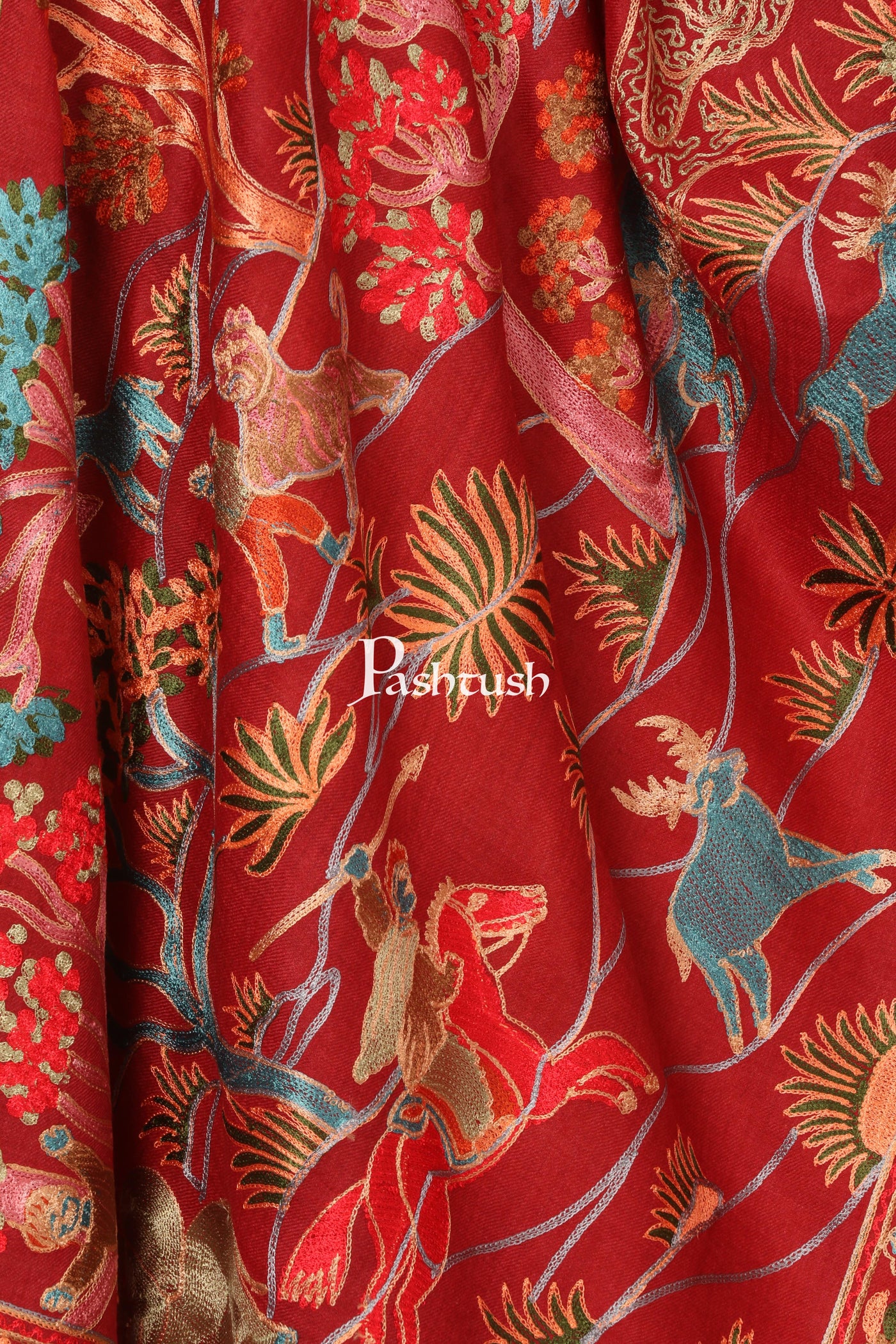 Pashtush India 70x200 Pashtush Tres Chic Regal Collection, Wool Embroidery Nalki Shawl Scarf, Crimson