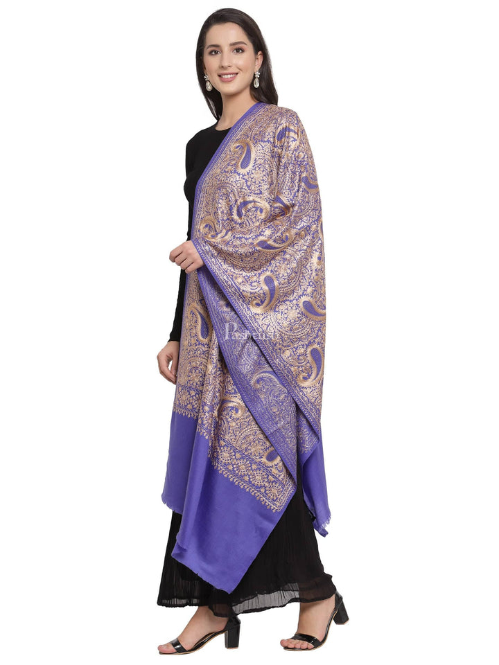 Pashtush India Womens Stoles and Scarves Scarf Pashtush Tres Chic Regal Collection, Wool Embroidery Nalki Shawl Scarf, Deep Violet