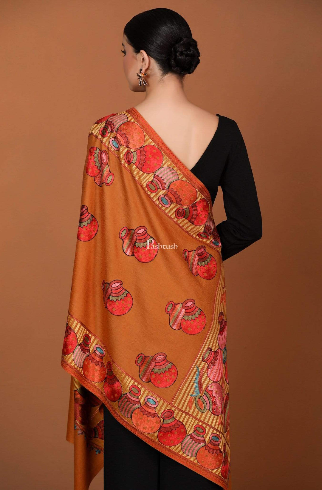 Pashtush India 70x200 Pashtush Tres Chic Regal Collection, Wool Embroidery Nalki Shawl Scarf, Mustard Yellow
