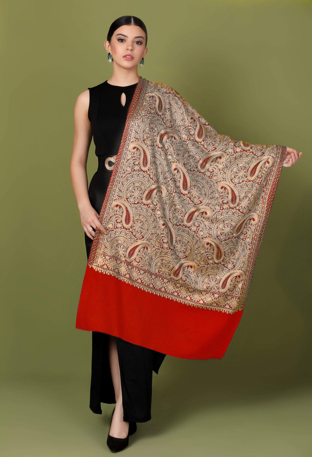 Pashtush Shawl Store Stole Pashtush Tres Chic Regal Collection, Wool Embroidery Nalki Shawl Scarf, Red