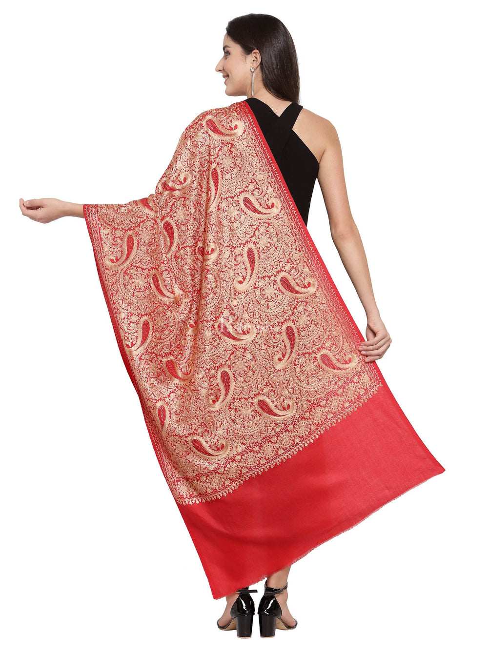 Pashtush India Womens Stoles and Scarves Scarf Pashtush Tres Chic Regal Collection, Wool Embroidery Nalki Shawl Scarf, Red