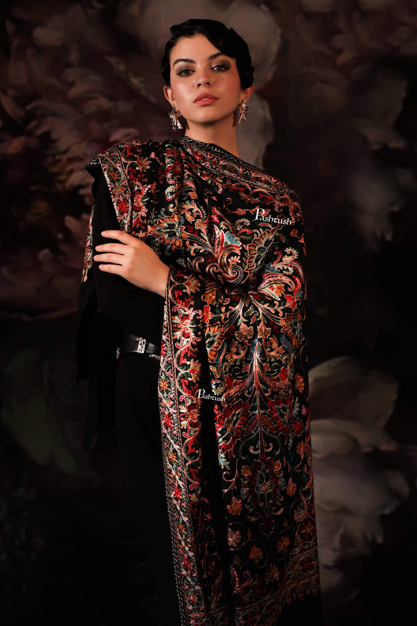 Pashtush India 70x200 Pashtush Tres Chic Regal Collection, Wool Embroidery Nalki Shawl Scarf, Rich Black