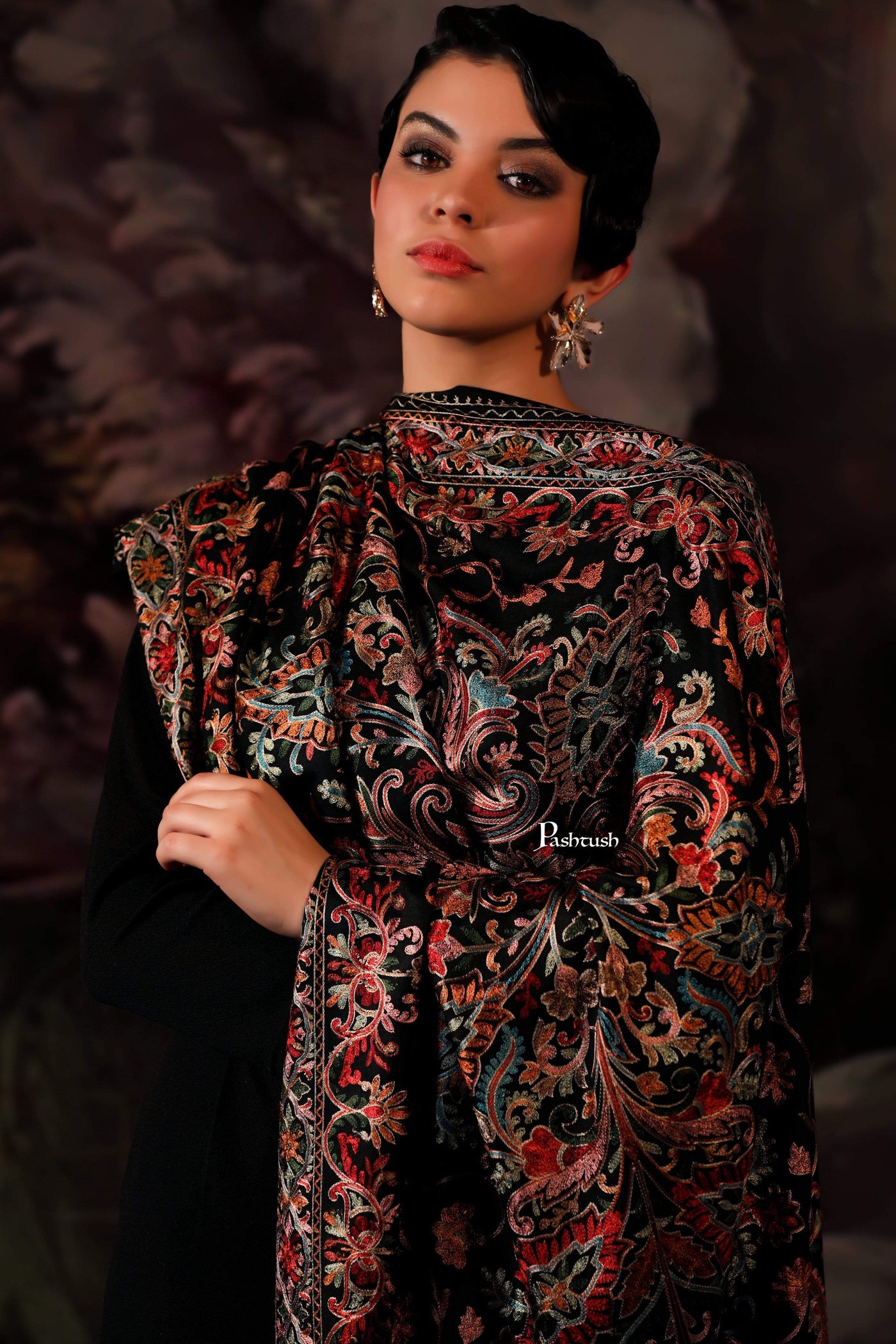 Pashtush India 70x200 Pashtush Tres Chic Regal Collection, Wool Embroidery Nalki Shawl Scarf, Rich Black